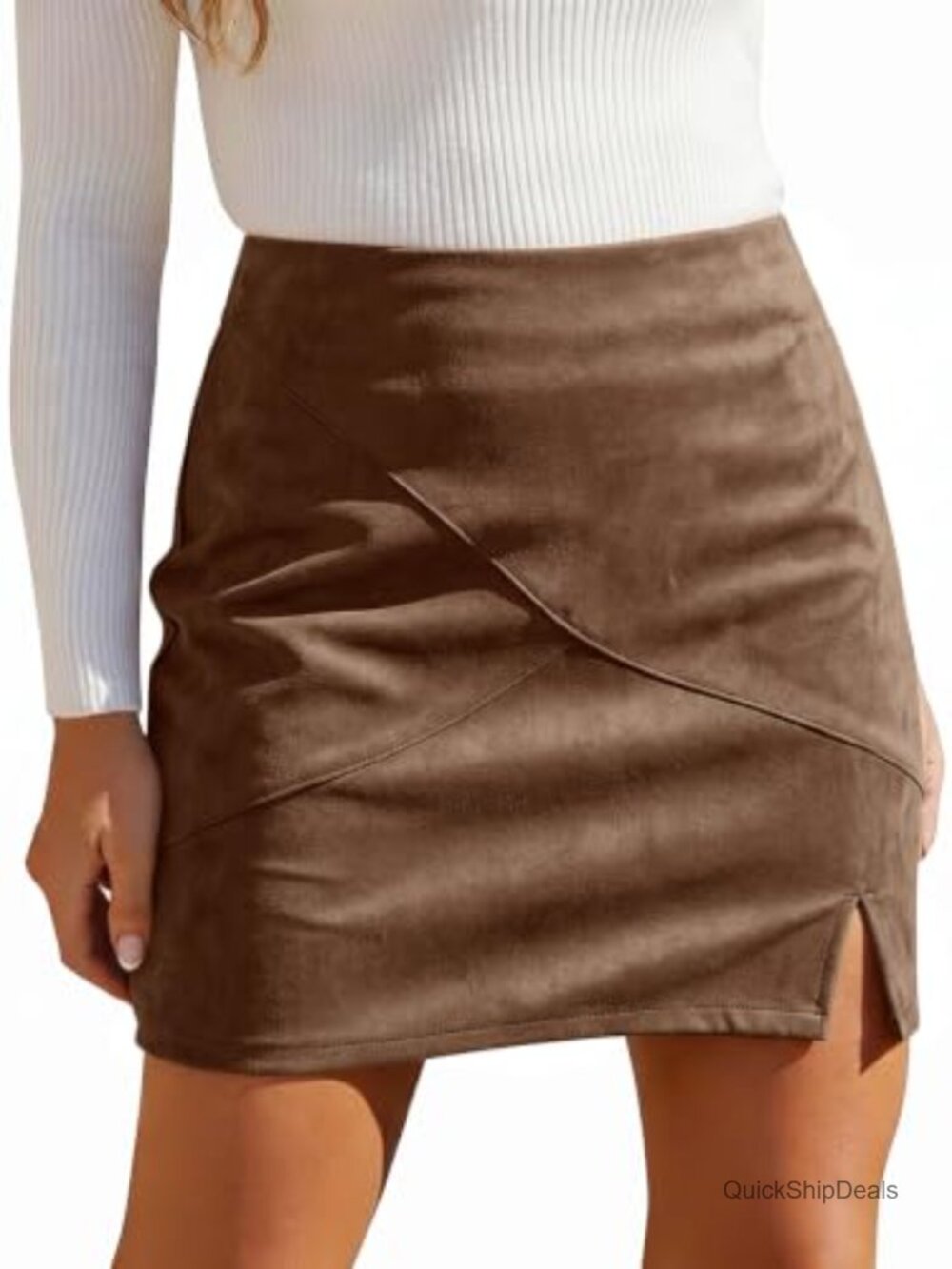 High Waisted Faux Suede Mini Skirt Straight Pencil Side Slit